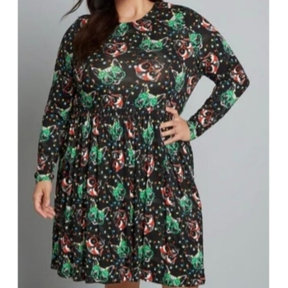 Modcloth Festive Holiday Kitty Dog Christmas Print Long Sleeve Dress XL New - Picture 2 of 10